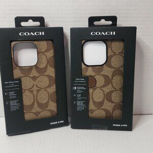 Two Coach iPhone 15 PRO Cases: Signature Folio + Slim Case Bundle Tan New !